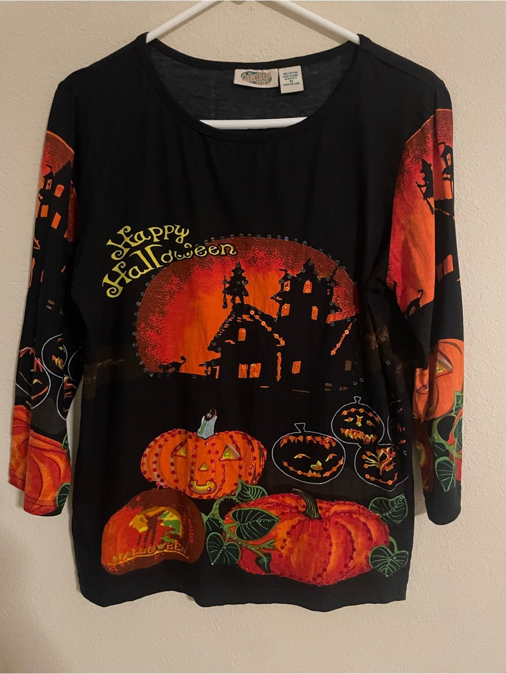 Vintage Collection Etc Halloween Witch Haunted House Sequin Cotton Top Size M